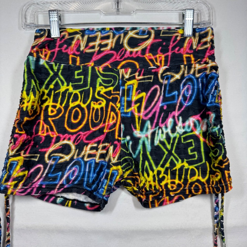 Neon Graffiti Print Shorts Festival Rave Drawstring High Waist Y2K Sz S/M No Tag